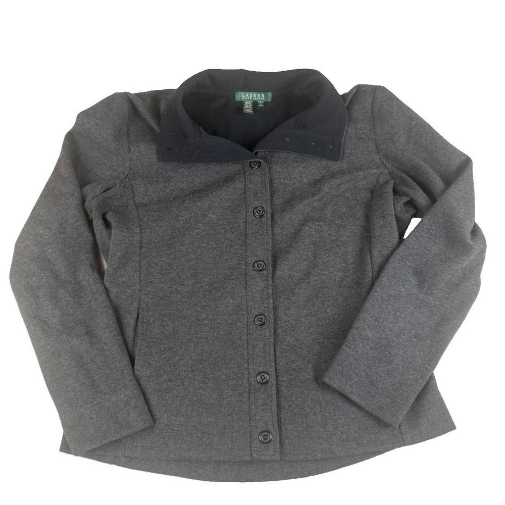 Lauren Ralph Lauren Jacket Womens L Gray Black Cotton Knit Button Front